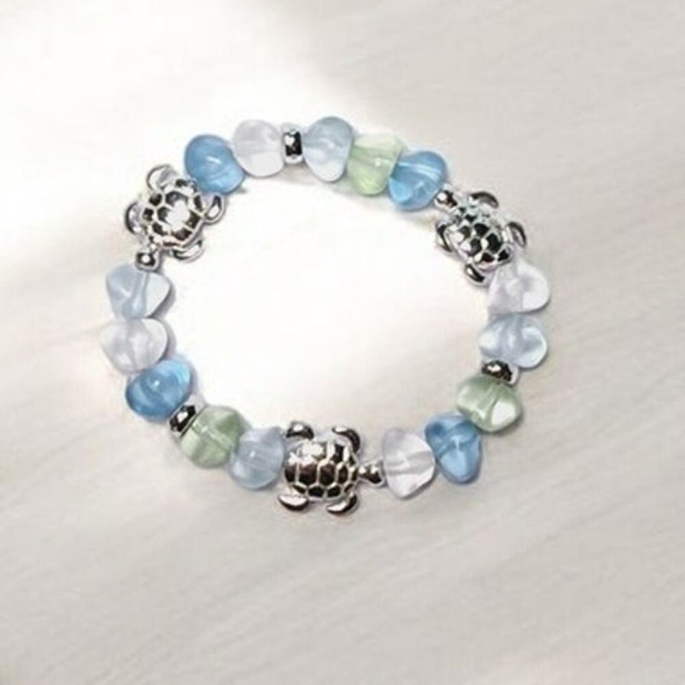 Sea Glass Style Turtle Stretch Bracelet Aqua Blue Green Coastal Charm Bracelet